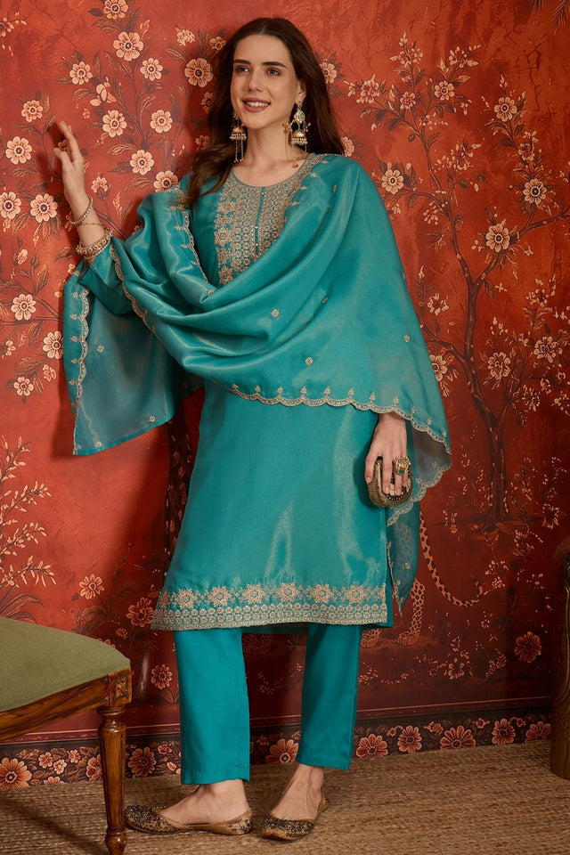 Turquoise Embroidered Silk Straight Cut Suits (ACB2452)