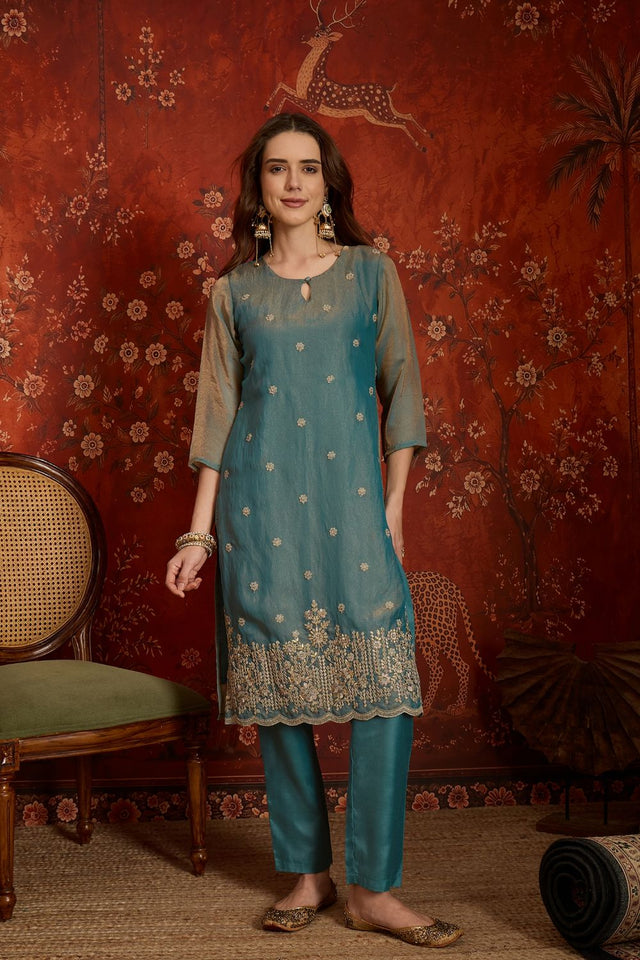 Blue Floral Embroidered Silk Straight Cut Suits (ACB2453)
