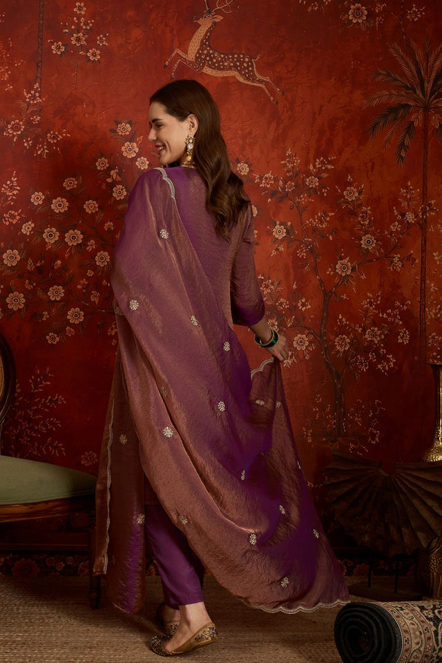 Purple Floral Embroidered Silk Straight Cut Suits (ACB2454)