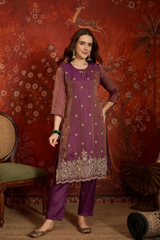 Purple Floral Embroidered Silk Straight Cut Suits (ACB2454)