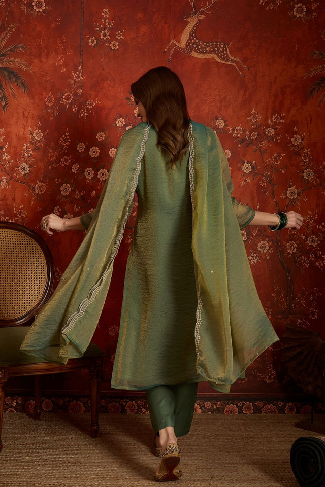 Green Floral Embroidered Silk Straight Cut Suits (ACB2455)