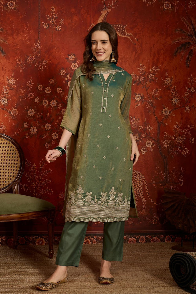 Green Floral Embroidered Silk Straight Cut Suits (ACB2455)