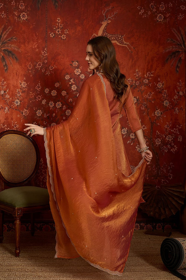 Rust Floral Embroidered Silk Straight Cut Suits (ACB2456)