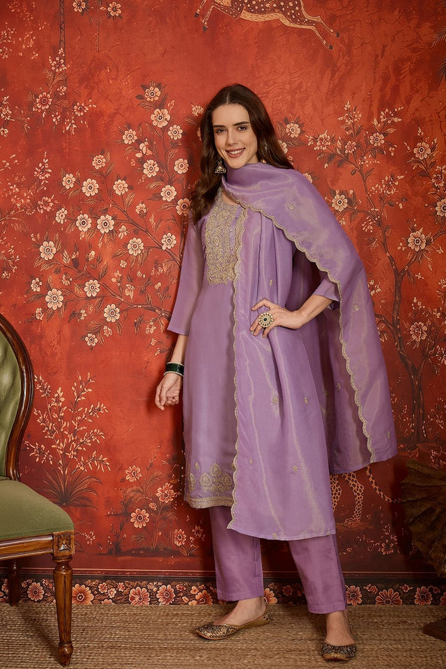 Purple Embroidered Silk Straight Cut Suits (ACB2457)