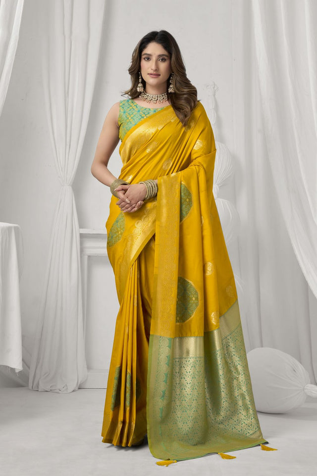 Yellow Woven Silk Saree (ACB2462)
