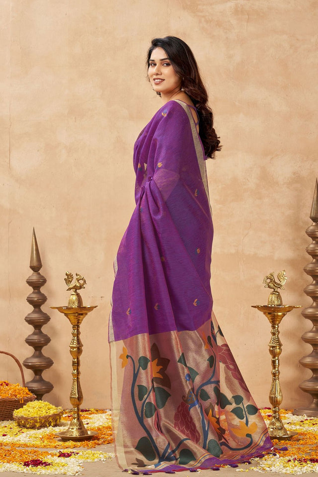 Purple Woven Linen Saree (ACB2470)