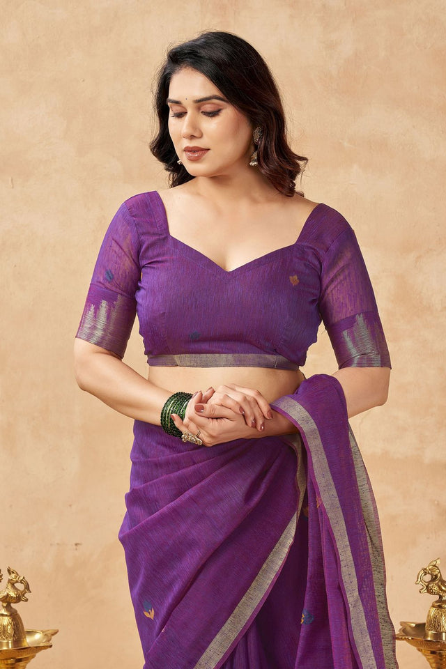 Purple Woven Linen Saree (ACB2470)