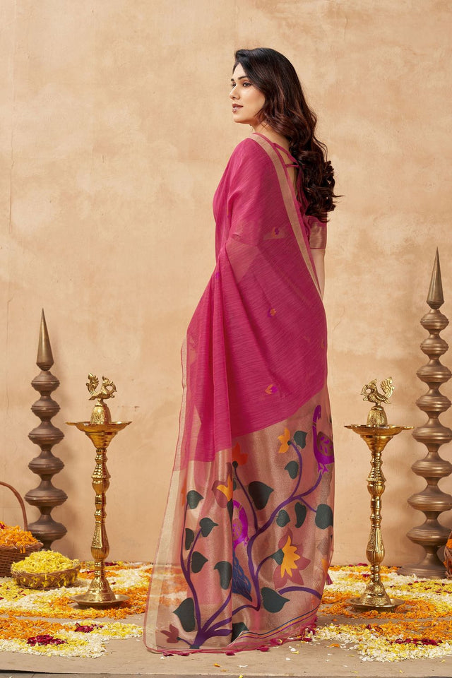 Pink Woven Linen Saree (ACB2471)