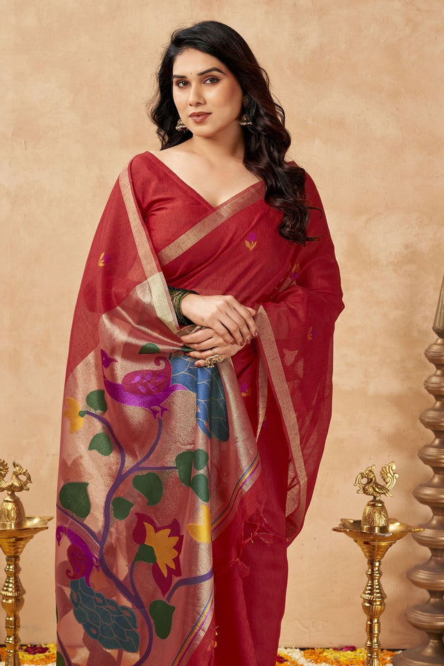Red Woven Linen Saree (ACB2472)