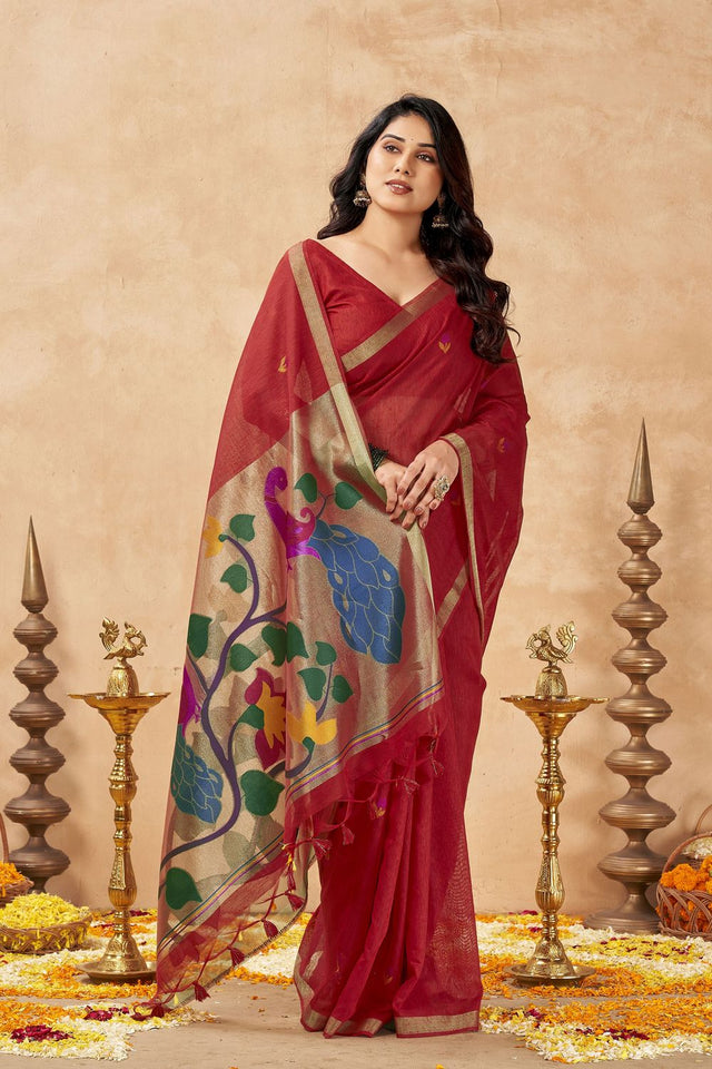 Red Woven Linen Saree (ACB2472)