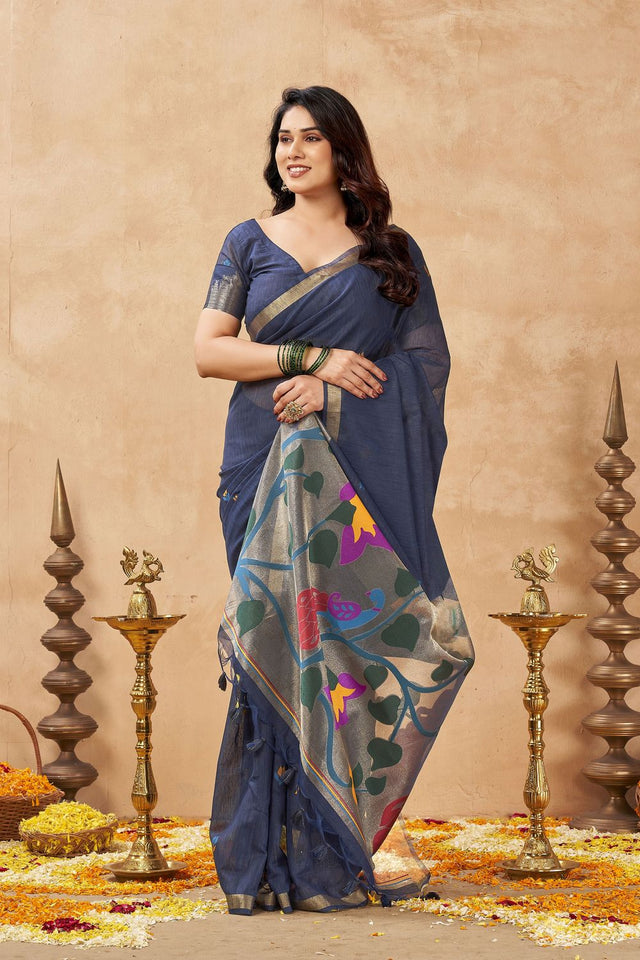 Grey Woven Linen Saree (ACB2473)