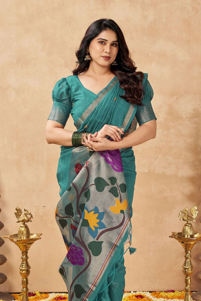 Turquoise Woven Linen Saree (ACB2474)