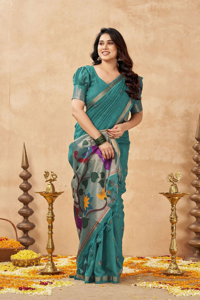 Turquoise Woven Linen Saree (ACB2474)
