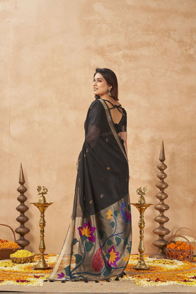 Black Woven Linen Saree (ACB2475)