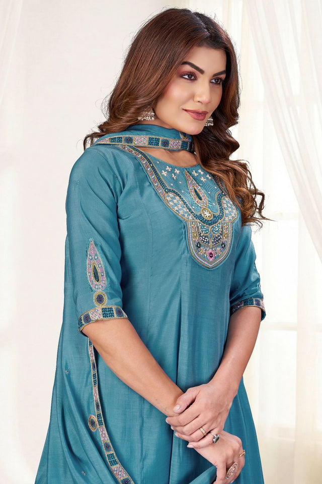 Turquoise Embroidered Chanderi Palazzo Suit (ACB2476)