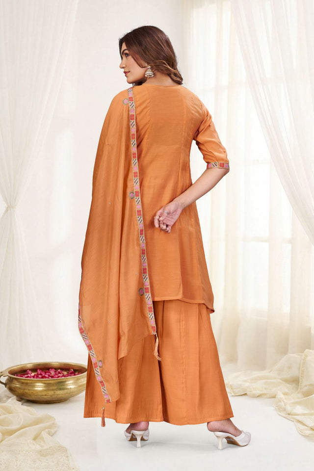 Rust Embroidered Chanderi Palazzo Suit (ACB2477)