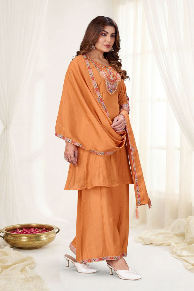 Rust Embroidered Chanderi Palazzo Suit (ACB2477)