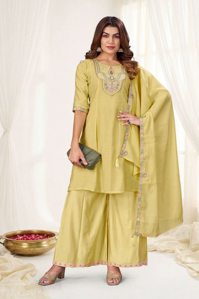 Cream Embroidered Chanderi Palazzo Suit (ACB2479)