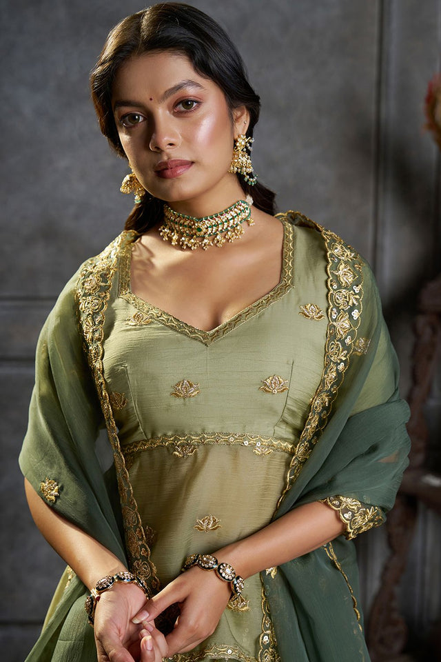Green Embroidered Organza Lehenga (ACB2485)