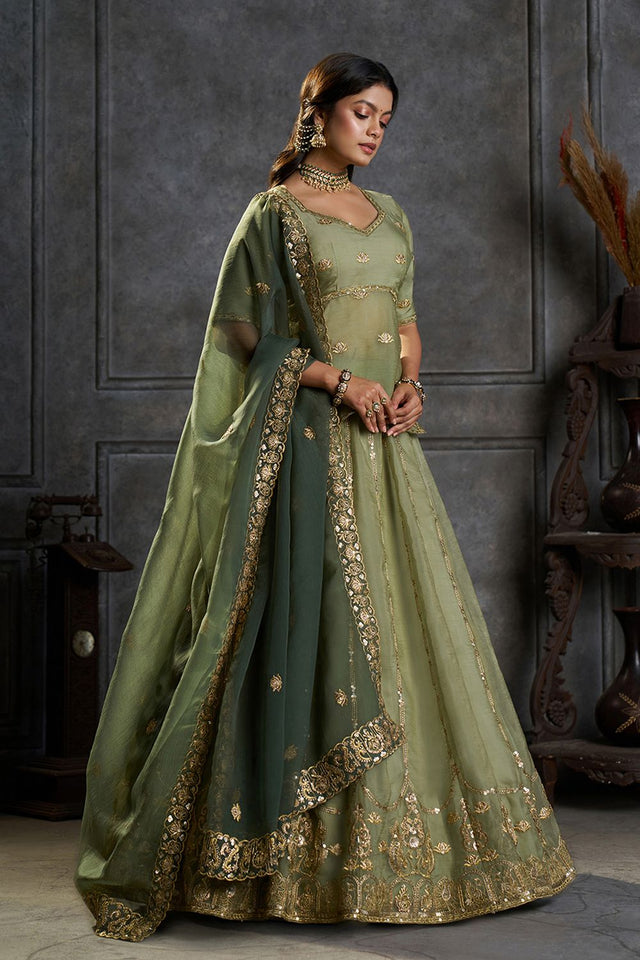 Green Embroidered Organza Lehenga (ACB2485)