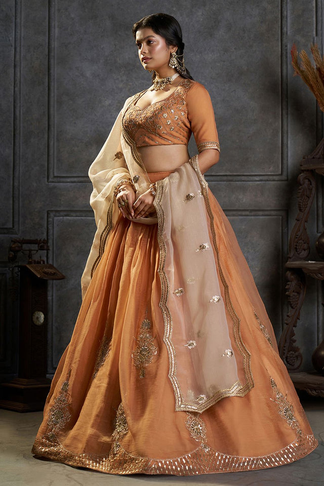 Rust Embroidered Organza Lehenga (ACB2486)