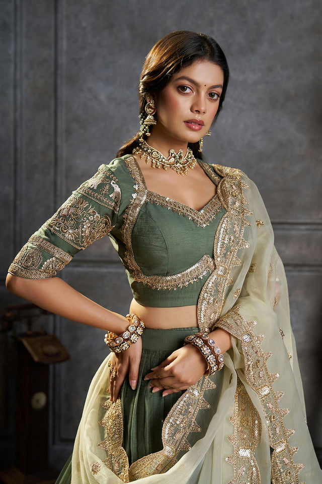 Green Embroidered Organza Lehenga (ACB2487)