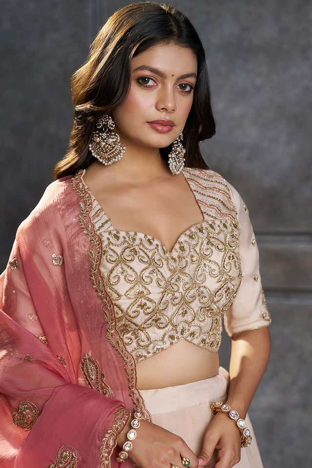 Cream Embroidered Organza Lehenga (ACB2488)