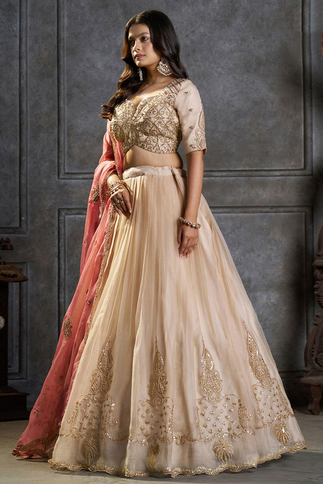 Cream Embroidered Organza Lehenga (ACB2488)