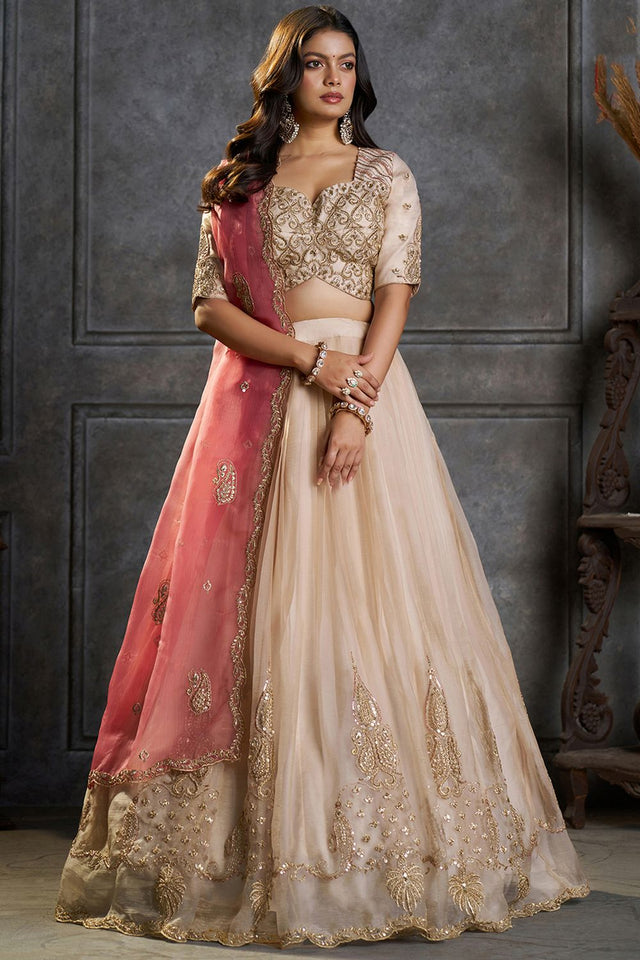 Cream Embroidered Organza Lehenga (ACB2488)