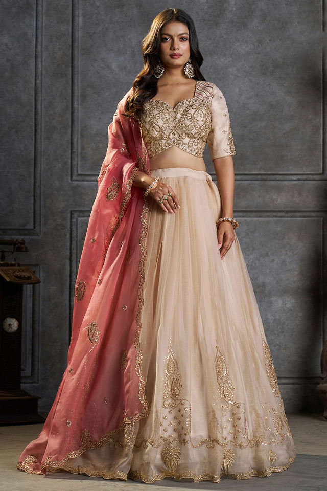 Cream Embroidered Organza Lehenga (ACB2488)