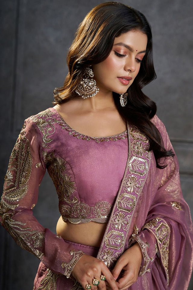 Purple Embroidered Organza Lehenga (ACB2489)