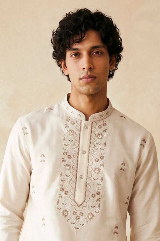 Mens White Floral Embroidered Silk Kurta Set (ACB2490)