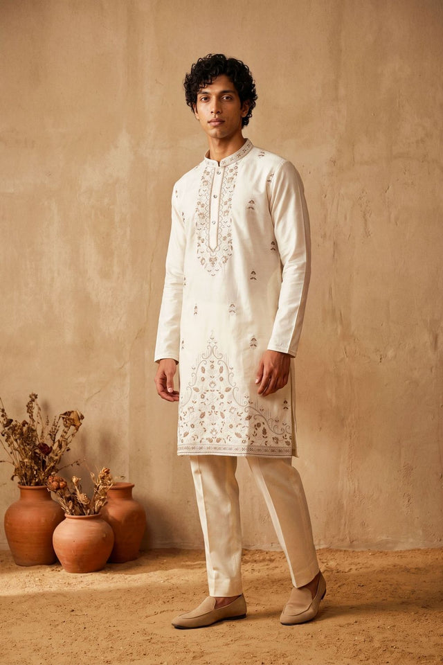 Mens White Floral Embroidered Silk Kurta Set (ACB2490)