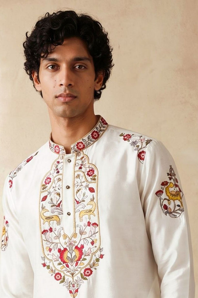 Mens White Floral Embroidered Silk Kurta Set (ACB2493)