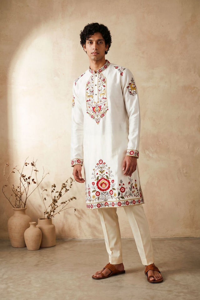 Mens White Floral Embroidered Silk Kurta Set (ACB2493)