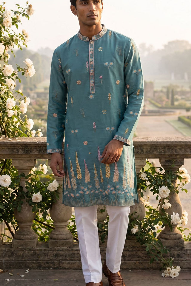 Mens Blue Embroidered Silk Kurta Set (ACB2495)