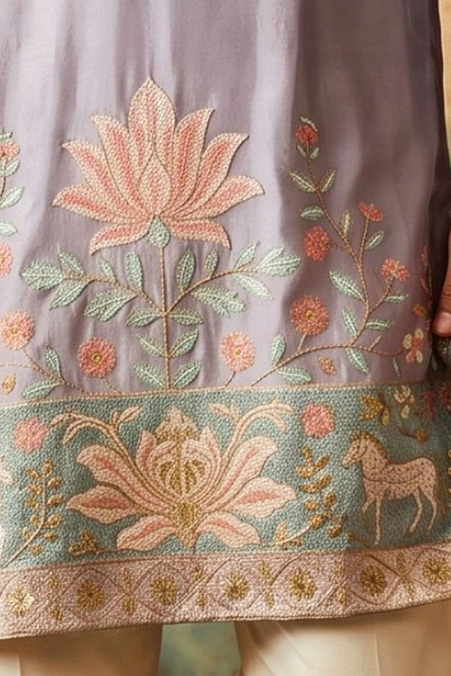 Mens Lavender Floral Embroidered Silk Kurta Set (ACB2498)
