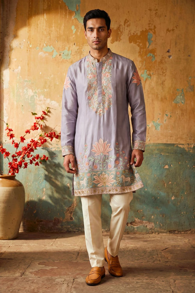 Mens Lavender Floral Embroidered Silk Kurta Set (ACB2498)