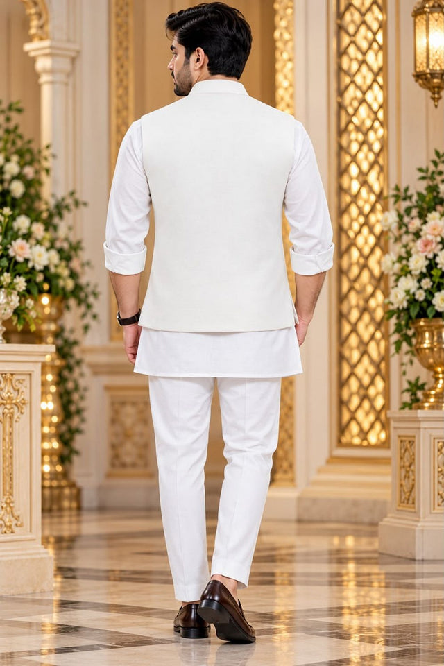 Mens Cream Embroidered Linen Kurta Set with Koti (ACB2499)