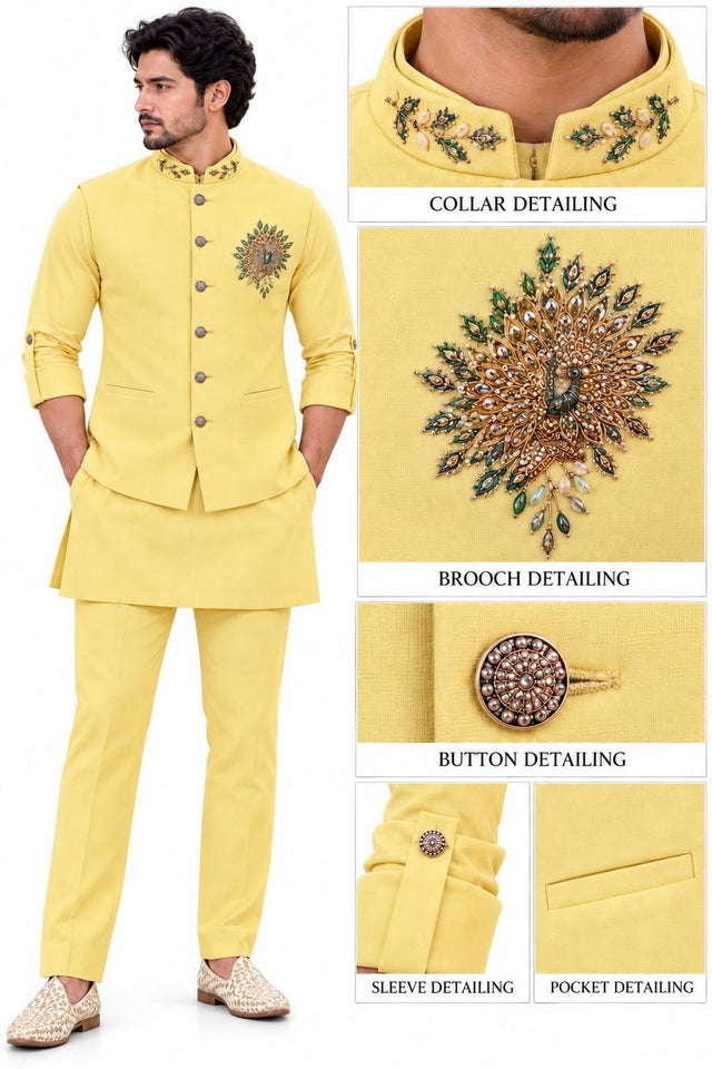 Mens Yellow Embroidered Linen Kurta Set with Koti (ACB2501)