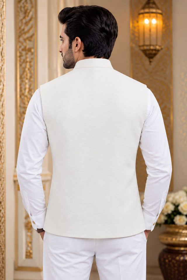 Mens Cream Embroidered Linen Shirt Pant Set with Koti (ACB2502)