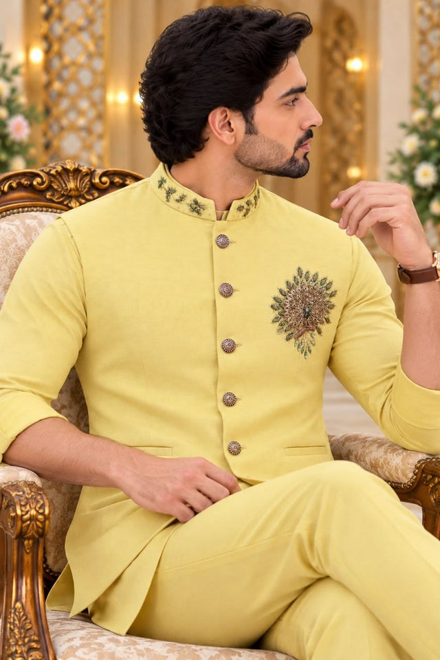 Mens Yellow Embroidered Linen Shirt Pant Set with Koti (ACB2504)
