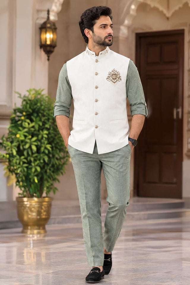 Mens Green Embroidered Linen Shirt Pant Set with Koti (ACB2505)