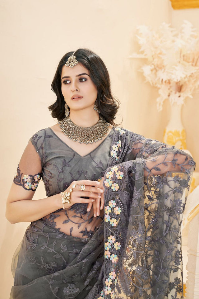 Grey Floral Embroidered Net Saree (ACB2507)