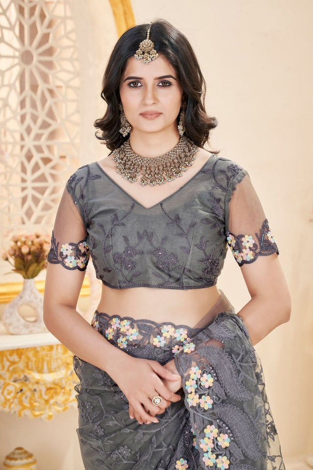 Grey Floral Embroidered Net Saree (ACB2507)