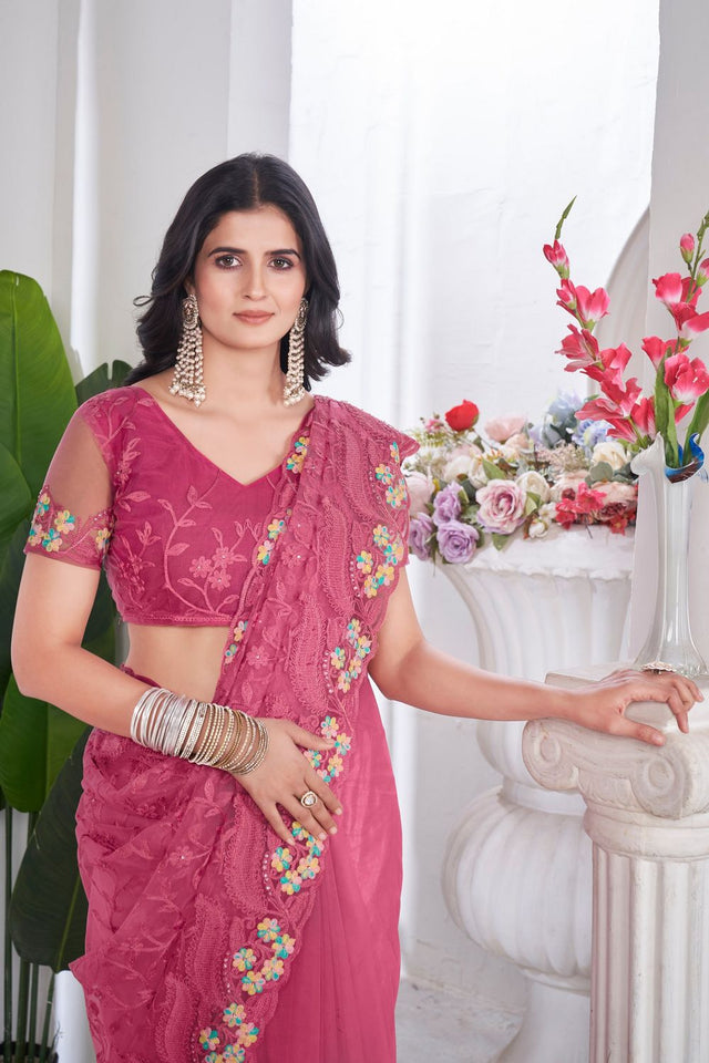 Pink Floral Embroidered Net Saree (ACB2508)