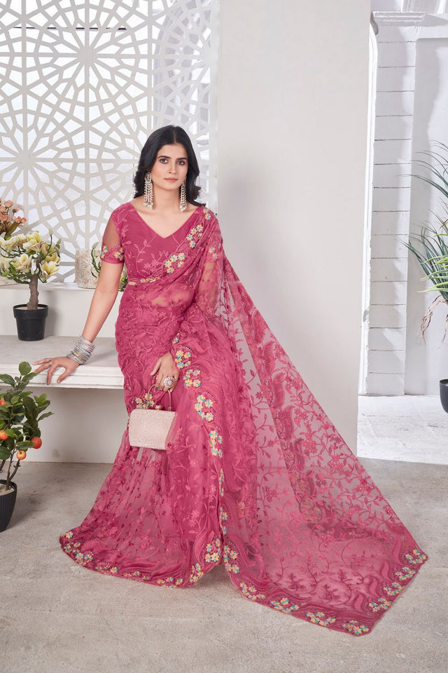 Pink Floral Embroidered Net Saree (ACB2508)