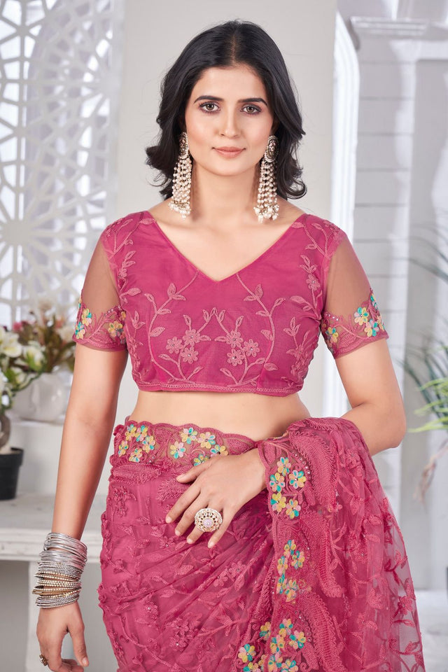 Pink Floral Embroidered Net Saree (ACB2508)