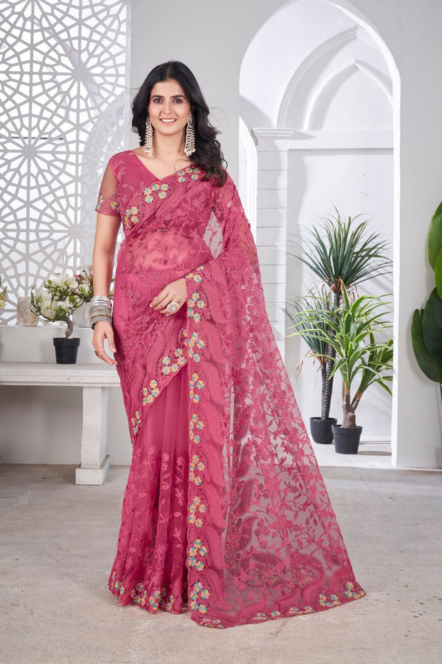 Pink Floral Embroidered Net Saree (ACB2508)