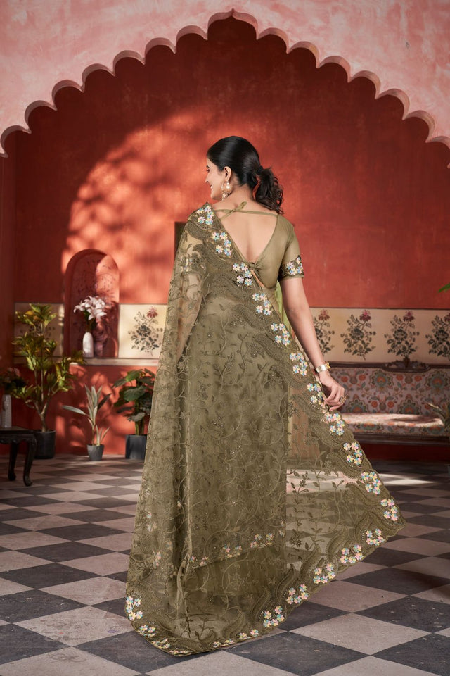 Mehendi Floral Embroidered Net Saree (ACB2509)